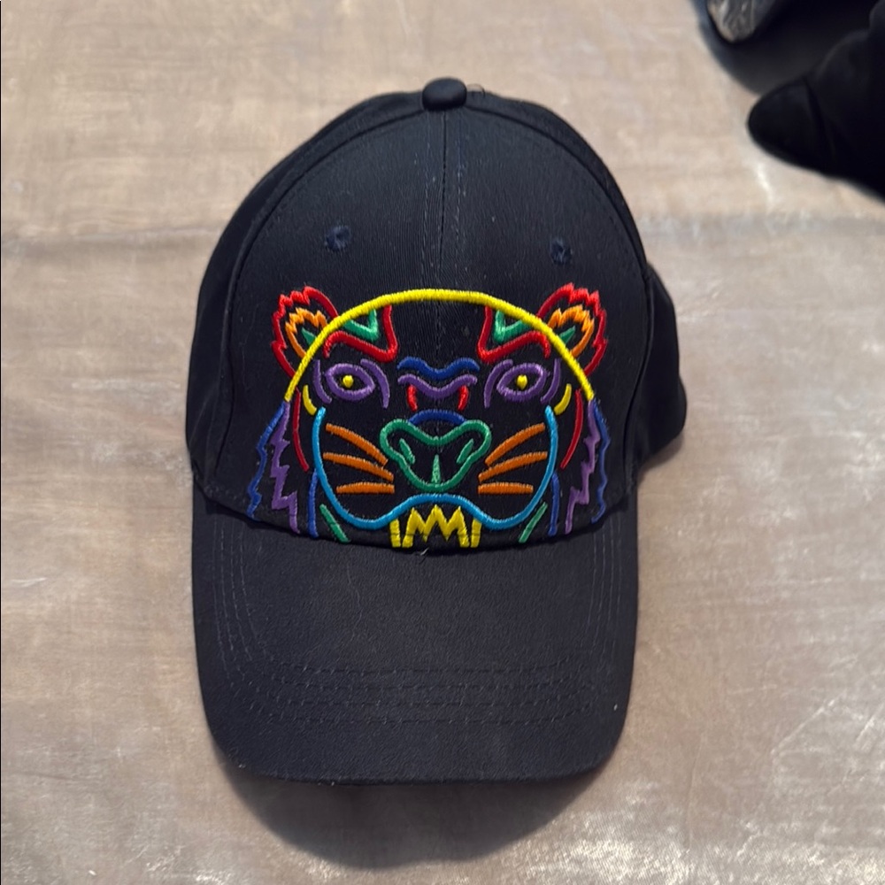 Kenzo Black Cap with Colorful Tiger Embroidery